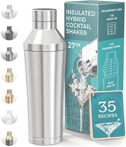 BARE BARREL Insulated Cocktail Shaker Set | Double Wall Stainless Steel | Martini Shaker for Home...