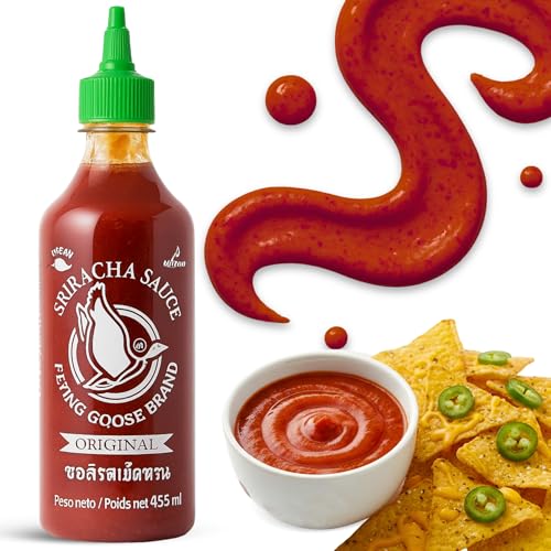 Salsa picante Sriracha, Salsa Chile Sriracha, Condimento con toque Picante, Flying Goose, Sin Gluten, Vegana, Halal, Ideal para cualquier comida, 455 ml
