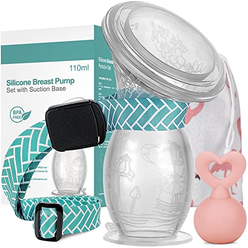 Image of BumbleBee Manual Breast Pump with Suction Base 4oz/110ml, Silicone Breastfeeding Pump Milk Collector with Pink Heart Pump Stopper&PP lid