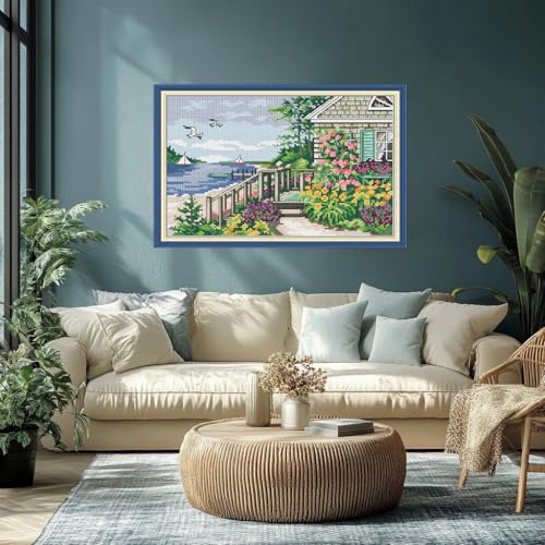 Image of CROSSDECOR Cross Stitch Kits for Adults,Stamped Cross Stitch Kits,DIY Needlepoint Kits for Beginners Counted Embroidery Craft Supplies for Home Decor,Cottage by the Water 11.8x8.2in