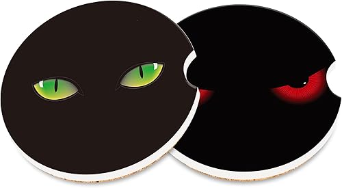 Posavasos para automóvil, ojo de gato verde con ojos malvados rojos, juego de 2 de cerámica antideslizante universales, bonitos accesorios para el