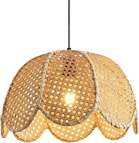 Image of Boho Pendant Light Fixture Bamboo Hanging Light Rattan Pendant Light Woven Wicker Shade Rattan Chandelier for Dining Living Bedroom Kitchen Farmhouse (Bulb not Include) (Lotus)