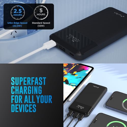 Image of URBN 10,000 mAh Edge Power Bank with Smart LED Display, Ultra Slim & Compact, 22.5W Fast Charging, Power Delivery, Quick Charge, Triple Output(1-USBA, 2 USB-C) iPhone, Samsung, Android & More - Black