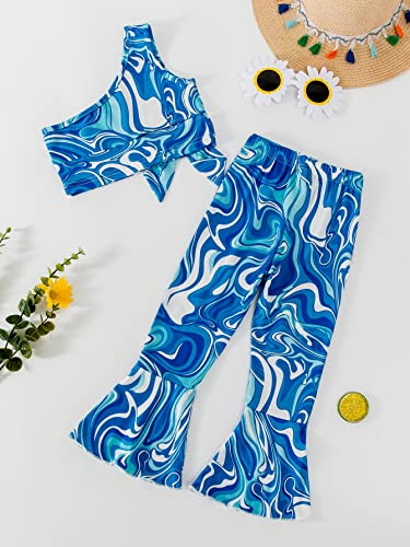 Image of WDIRARA Toddler Girl's 2 Piece Marble Print Flare Pants and Sleeveless One Shoulder Top Set