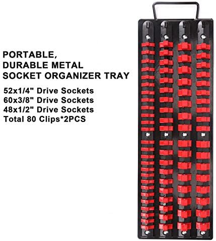 Mayouko 80-Piece Portable Socket Organizer Tray, 2 Pcs Set, Blue & Red, Tools Organizer 1/4-Inch, 3/8-Inch, 1/2-Inch, Heavy Duty Socket Holder, Black Rails, Blue & Red Clips