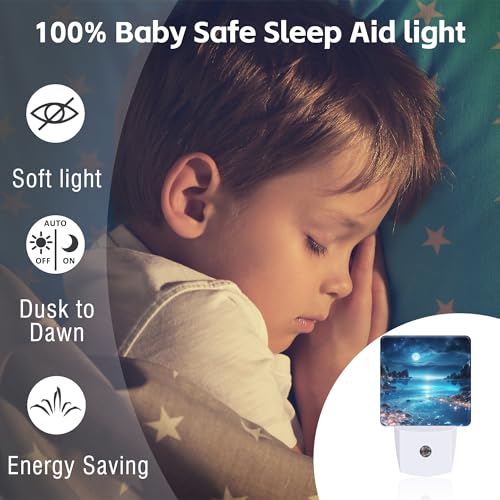 Image of Full Moon and Sparkling Lake Night Light Plug into Wall, Magical Beach Dusk to Dawn Night Light, 0.5w Energy Saving Sleep Friendly Nightlights for Kids Boys Girls Home Decor
