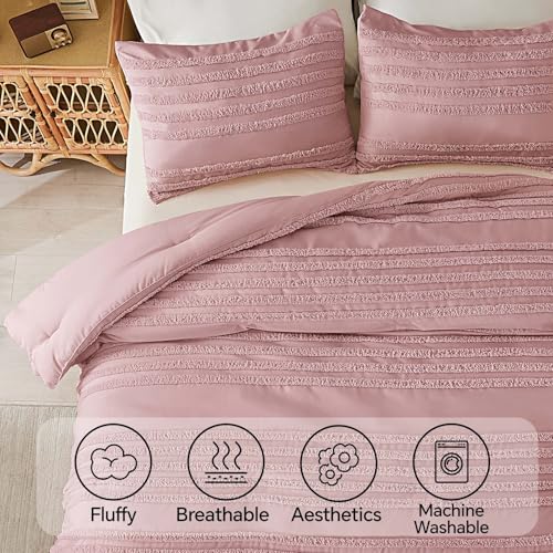 Image of BEDELITE Boho Comforter Set Queen Size, Dusty Pink Tufted Striped Bed Set 3 Pieces, Soft Vintage Farmhouse Comforter for All Seasons, Boho Home Decor,Fluffy Jacquard Bedding with 2 Pillow Shams