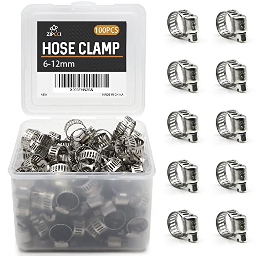 ZIPCCI Small Hose Clamp 100 Pack Hose Clamps Stainless Steel Worm Gear Fuel Line Hose Clamps 6-12mm (1/4-1/2 inch)