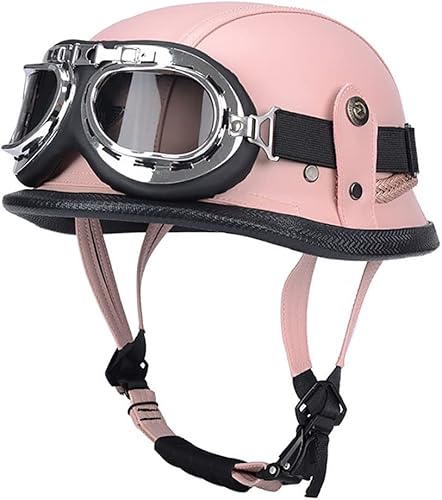 Miniatura 10 de Casco de media cara de cuero alemán para motocicleta, aprobado por DOT, casco de media carcasa + gafas, casco retro con hebilla ajustable de