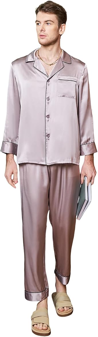 COLD POSH Mens Luxury Silk Pajamas Set 100% Silk Long Sleeve Button Down PJ Set Lightweight Sleepwear