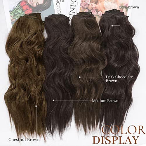 Image of KooKaStyle Wavy Thick Clip in Hair Extensions 20 inch Medium Brown | 4 Pieces Clip in Extensions,Fiber Double Weft Hairpieces,Natural Volume,Beach Wave Long Synthetic Hairpiece for Women
