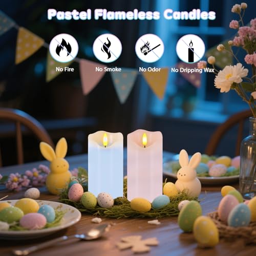 Image of Flameless Candles Light, Set of 2 6 inchx3 inch Flickering Pastel Spring LED Candles with Remote & Timer, Dimmable Real Wax Easter Pillar Candles Battery Operated for Home Spring Easter Decor (Pink Blue)