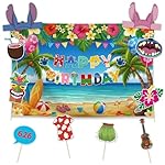Allenjoy Summer Beach Blue Cartoon Birthday Party Supplies Sets - 1pc 59" x 35" Backdrop, 2pcs Paper Headwear, 8pcs Photo Booth Props
