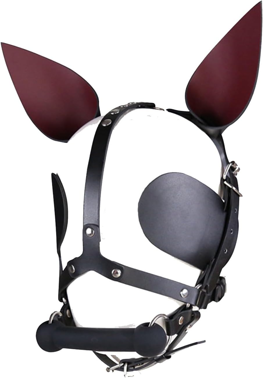 Dog Head Mask Cowhide Leather Hood Mask Bone Mouth Plug Sexy Role Play Bondage BDSM Costume