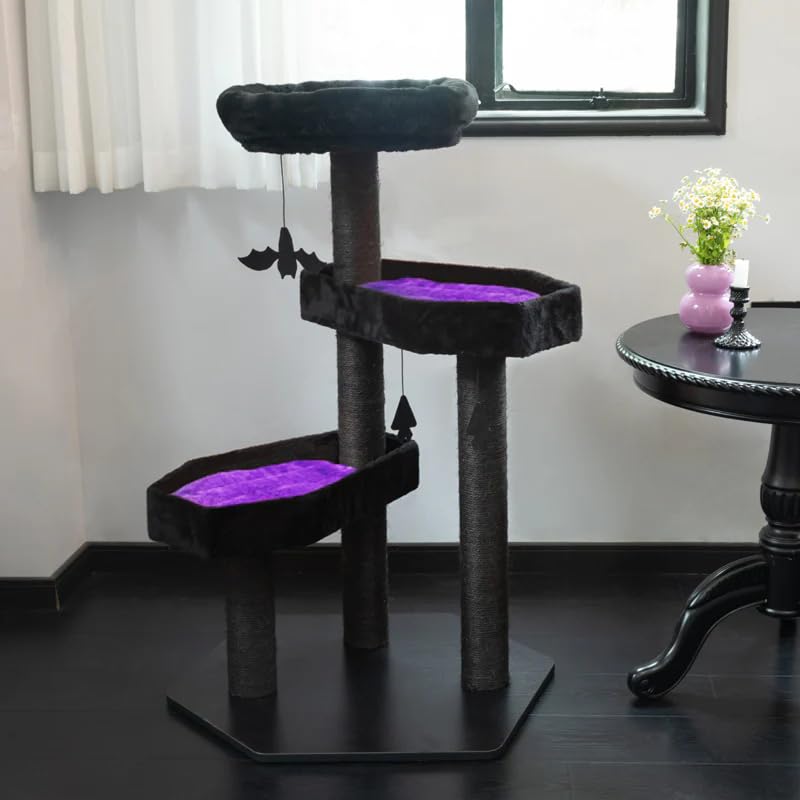 Árbol para gatos multi-nivel gótico con cama ataúd morado grande miniatura 3