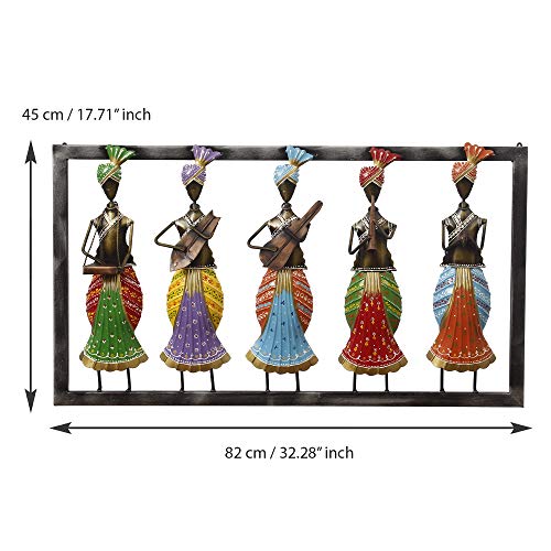 Image of Ecraftindia Set of 5 Tribal Women Playing Different Musical Instruments Colorful Decorative Iron Wall Hanging, Orange, Blue, Green, Brown and Purple, One Size (Irlady506)