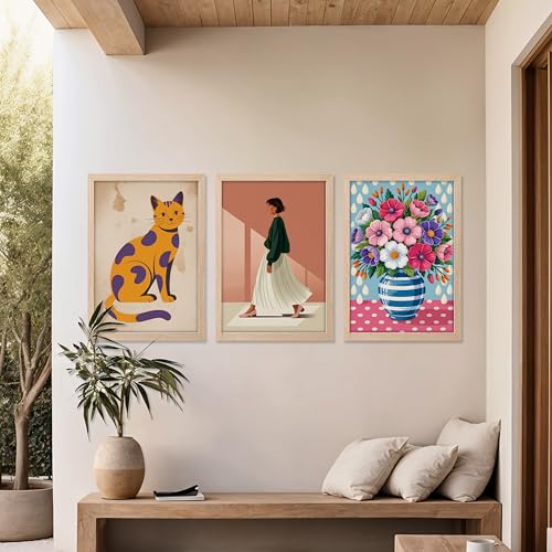 Image of NoWorries Modern Cat Illustration Wall Art Framed Painting Set of 3 | Minimalist Woman Portrait Prints with Frame | Colorful Floral Vase Artwork | Boho Scandinavian Home Decor Wall Frames for Living Room, Bedroom and Office Wall Gallery (Ready to Hang) (Art-11, 13x19inch, Wooden)