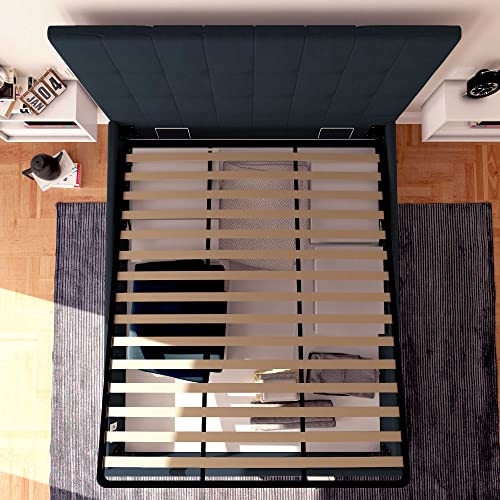 Baldiflex Einzelbett mit Stauraum Dublin aus Kunstleder, Lattenrost, für Einzelbetten, 140 x 190 cm, elegantes Kopfteil, Farbe Nachtblau – Bild 4