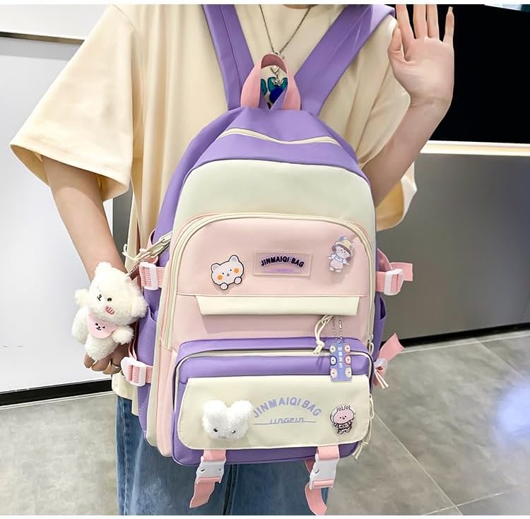 Miniatura 4 de 5pcs Kawaii Mochila Set Linda Mochila Estética Preppy Laptop Mochila Japonesa Mochila Universitaria, Púrpura, Mochila, simple