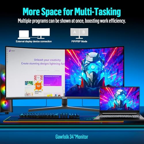 Image of Gawfolk 34 Inch Ultrawide Curved Gaming Monitor, 1500R PC Screen UWQHD 3440x1440, 165hz Curved Computer Screen with FreeSync, Multi-Directional Adjustable Base