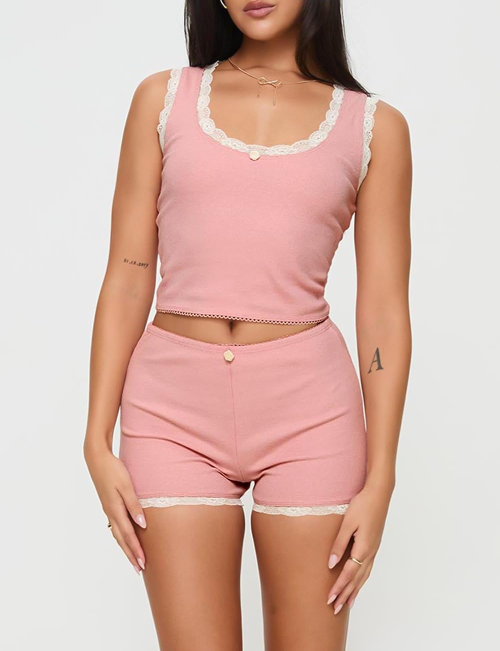 Supersun Pajama Sets For Women 2 Piece Ribbed Tank Top With Lace Trim High-rise Shorts Scooped Neckline Cute Pajamas Sleep Sets Wine Red, Medium: Pink Medium