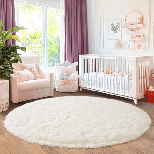 6‘x6’ Cream Round Rugs for Girls Bedroom, Ultra Soft Fluffy Circle Rug for Kids Room, Cute Shag Rugs for Living Room Playroom Tent Castle Home Decor Rug