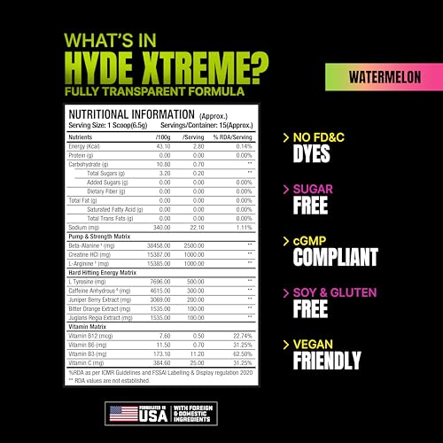 Image of HYDE Xtreme - Hard Hitting Energy Pre Workout Supplement | Caffeine, Beta-alanine, Creatine HCl, L-arginine | For Muscle Pump, Vascularity, Strength and Focus | 15 servings (Watermelon)