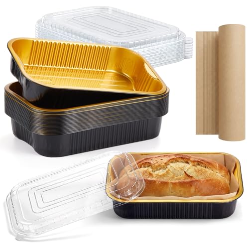 Acellegic 20 Pack Aluminum Loaf Pans with Lids and Baking Paper Disposable Bread Pans 13 x 9.84 x 2.36 Inches Black Gold Aluminum Tin Foil Baking Pan for Food Container Microwave Oven Cooking