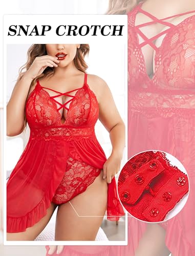 Image of SSoShHub Women's Plus Size Lingerie Beautiful Babydoll Snap Crotch Lace Chemise Ruffles Nightwear Bodysuit with Babydoll