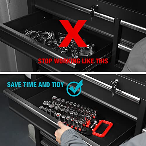 Duratech Socket Organizer, 48-Piece Portable Socket Holder With Handle, Abs Socket Tray Wall And Tool Cart Mounted, 1/4", 3/8", 1/2" Drive Socket Organizer Tray, Red(Socket Not Included) #TOP4