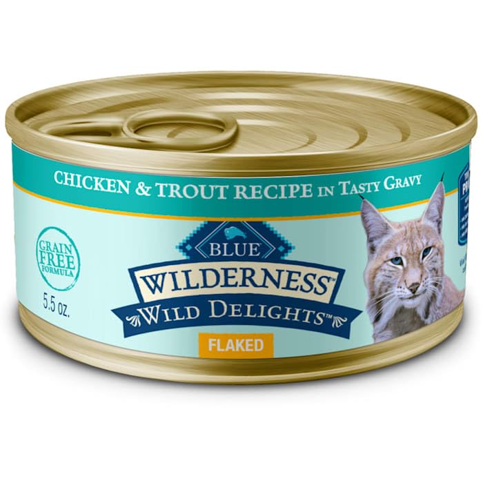 Image of Blue Buffalo Wilderness Chicken & Trout Adult Wet Cat Food, 5.5 oz, 24 ct | Wild Delights Minced in Tasty Gravy, High Protein & Grain-Free Recipe, Supports Energy for an Active Life
