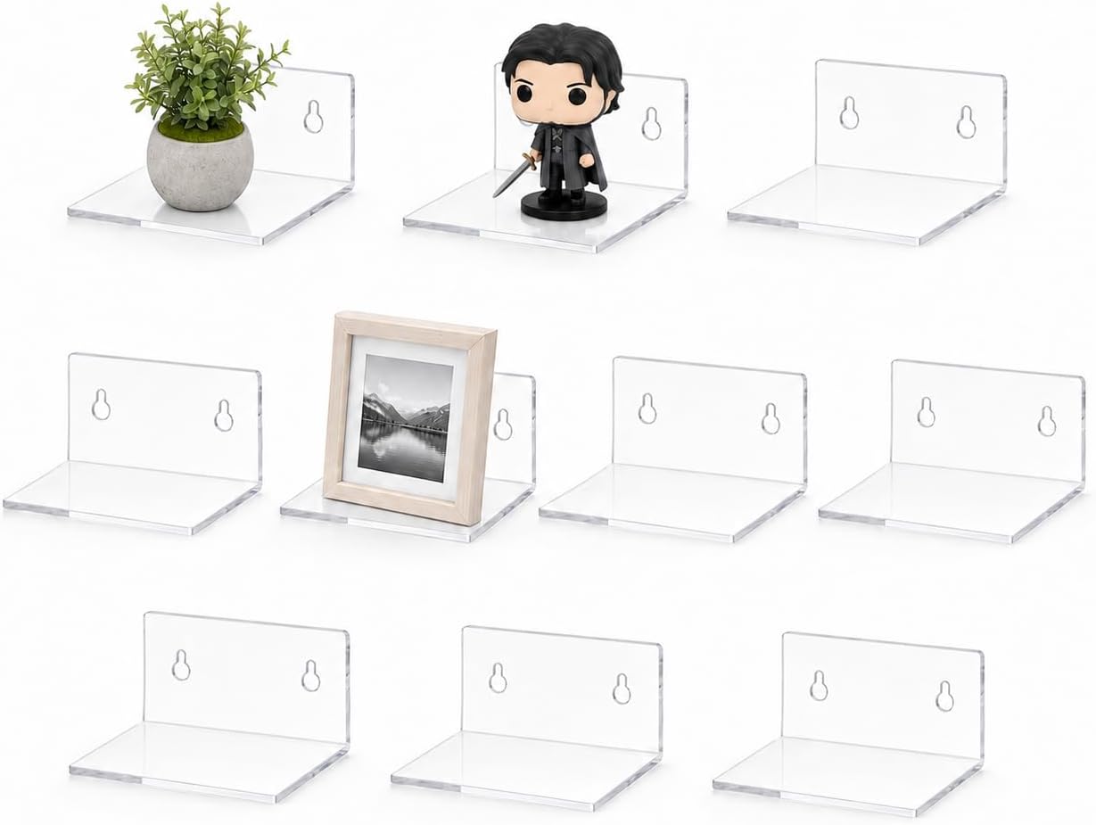 10 Pack Mini Acrylic Floating Wall Shelves, 4 Inch Clear Display Shelves, Equipped with Adhesive Strips & Screws, Small Wall Mount Racks for Funko Pop, Plants, Collectibles & Smart Speakers