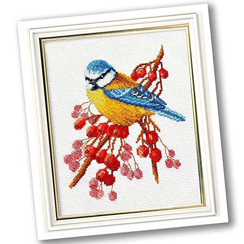Povitrulya Tit Bird Counted Cross Stitch Embroidery Kit for Adults 'Frosty Morning', White