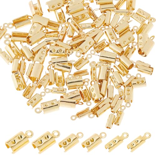DICOSMETIC 120Pcs 3 Styles Fold Crimp Ends 304 Stainless Steel Fold Over Cord Ends Golden Ribbon Ending Clasp Tips Connectors for DIY Jewelry Making Necklaces Bracelets Tassel