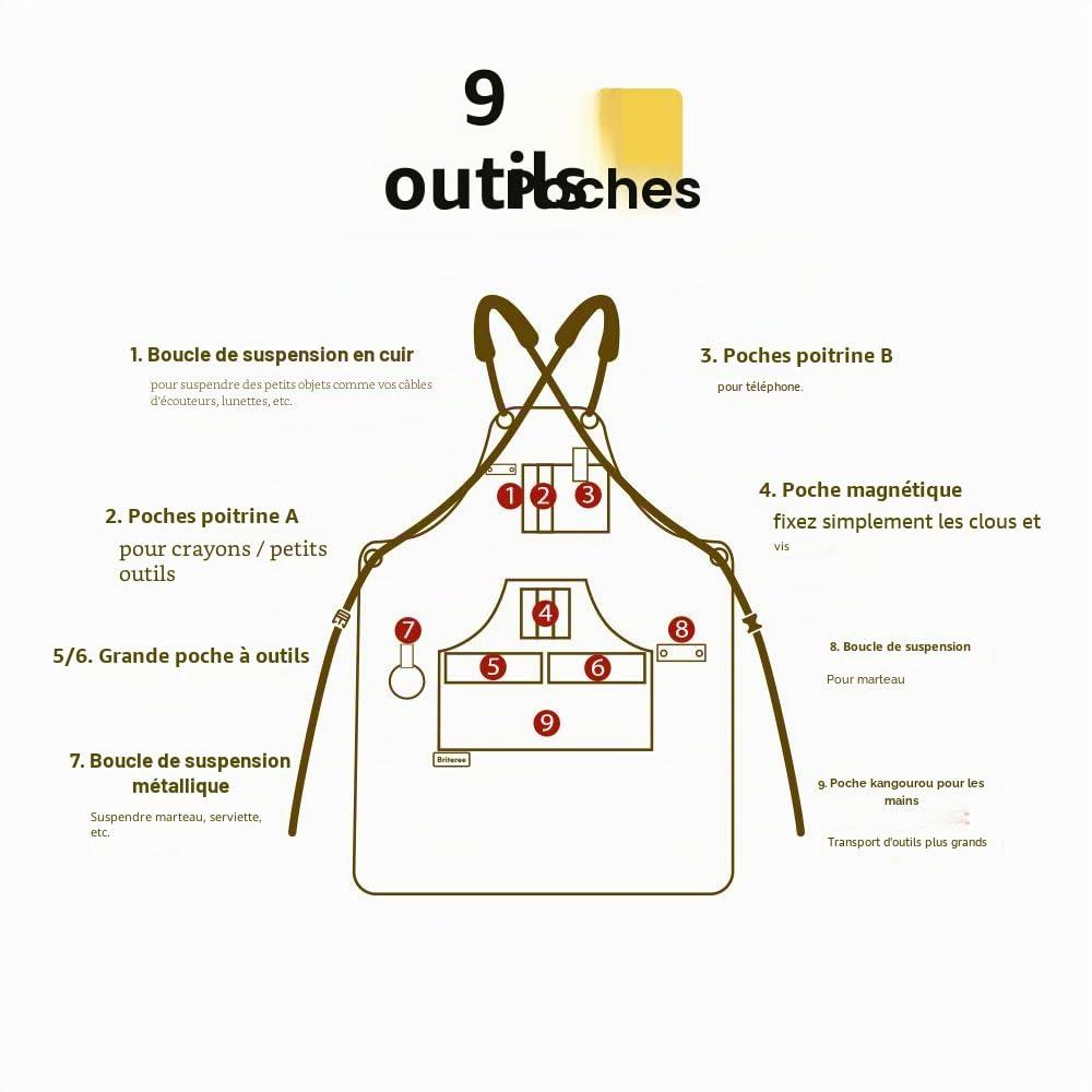 Tablier de travail du bois pour homme, cadeau pour menuisier, avec 9 poches à outils, tablier de travail en toile cirée durable
