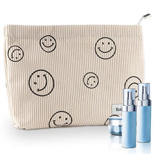Demarsen Organiseur de cosmétiques de voyage, 1 pièce, trousse de toilette portable, sac de toilette en toile Smiley pour voyage et usage quotidien (beige), beige, Magnifique Cover