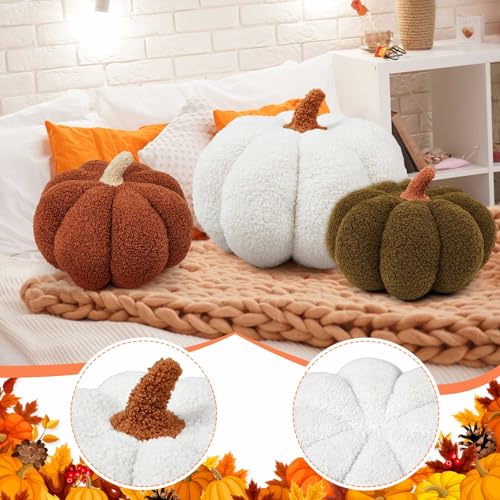 Juexica Gefülltes Kürbiskissen, flauschiges Plüsch, 3D-Kürbis-Form, Dekoration, Herbst, Erntedankfest, Halloween, niedlich, weich, Überwurf für Sofa, Couch, Zubehör (Weiß, Dunkelgrün, Braun), 3 Stück