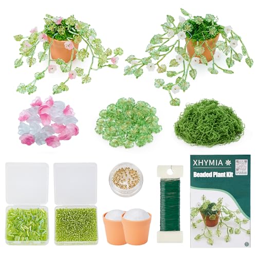 XHYMIA Beaded Plant Kit Green Glass Leaf Beads Flower Glass Beads Mini Forever Plant Making and DIY Crafts with Video Tutorials
