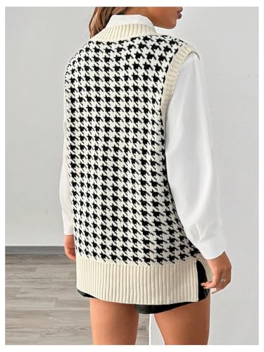 Image of MakeMeChic Women's Houndstooth Sweater Vest Sleeveless V Neck Loose Tops Black and White Large