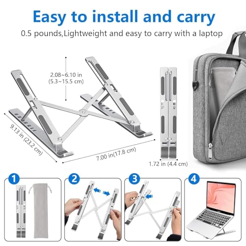 Image of Laptop Stand Metal for Desk, Adjustable Aluminum Laptop Stand with 7 Angles, Foldable Ergonomic Laptop Riser, Portable Ventilated Laptop Holder for 10-15.6 Inch Laptops, Supports 10kg