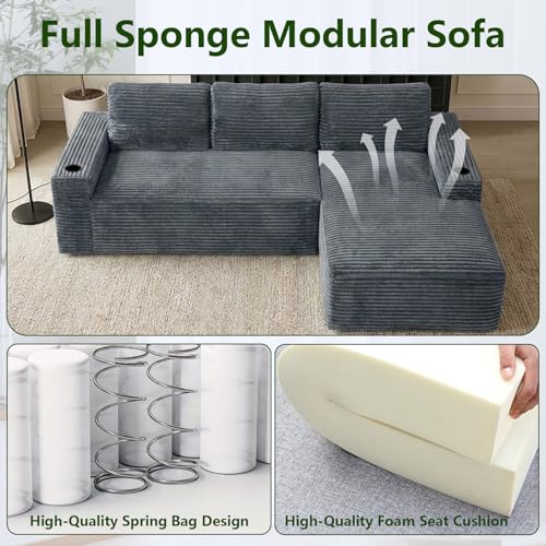 Image of 104.3 inch Modular Sectional Sofa,Modern Corduroy Cloud Couch with Cup Holder & Side Pockets,Boneless Couch Upholstered 4-Seater L-Shaped Sofa for Living Room,No Assembly (Dark Grey, Right-Facing Chaise)