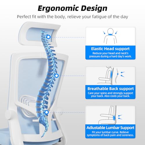 Daccormax Bürostuhl Ergonomisch mit Einstellbarer Kopfstütze, Weiche Lendenwirbelstütze und Klappbaren Armlehnen… – Ansicht 2