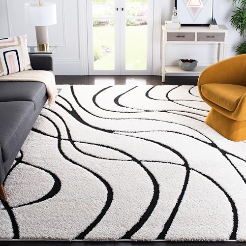 SAFAVIEH Florida Shag Collection Area Rug - 8' x 10', Ivory & Black, Non-Shedding & Easy Care, 1.2-inch Thick Ideal for High Traffic Areas in Living Room, Bedroom (SG471-1290)