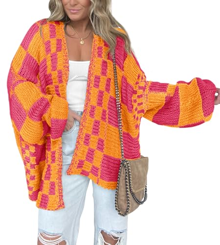 Image of BTFBM Casual Cardigan Sweater for Women Fall 2026 Long Sleeve Open Front Chunky Knit Sweaters Checkered Outwear Coat