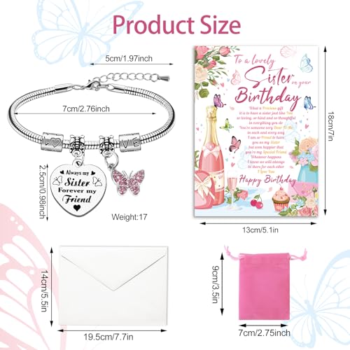 Image of HOWAF Sister Birthday Gift Cards with Bracelets, Sister Birthday Cards Heart Bracelet for Sister from Sister, Sister Birthday Greeting Cards Sister Happy Birthday Cards Sister Bracelets Engraved
