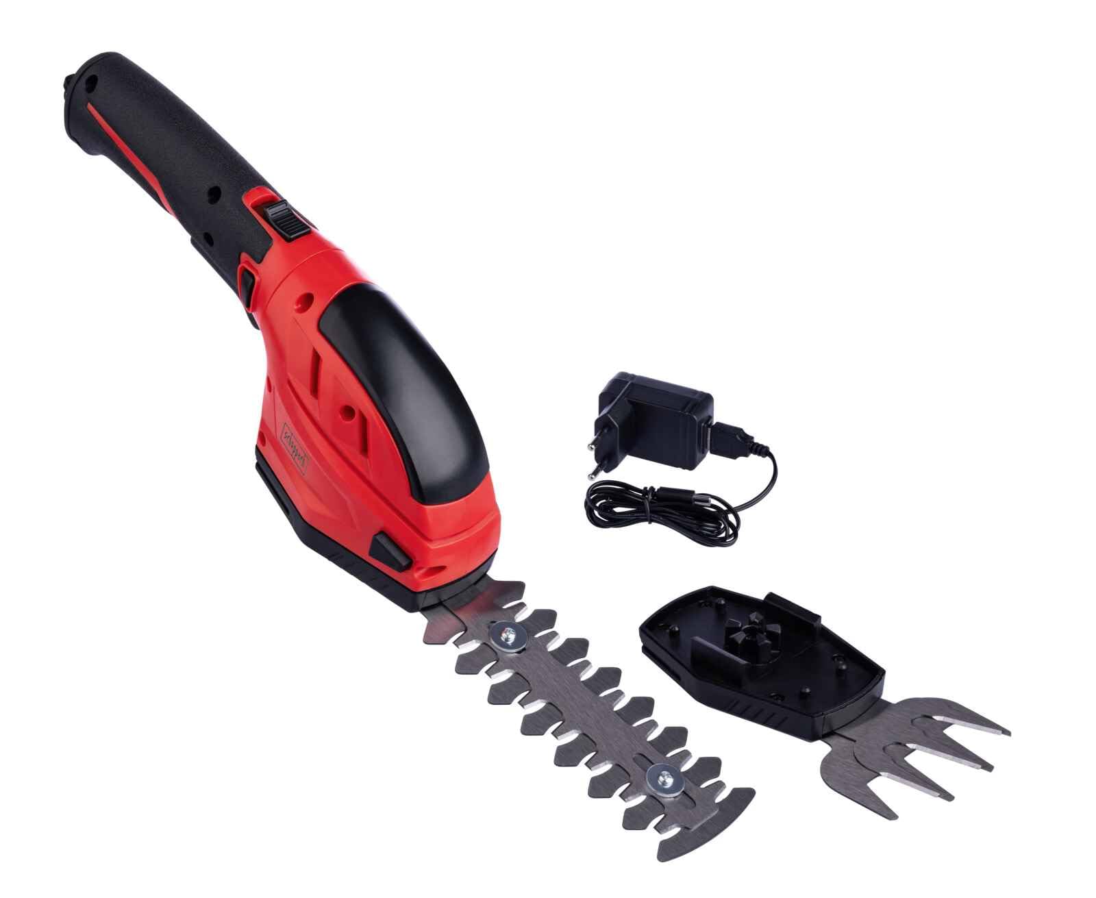 Scheppach Gartenschere 2in1 Akku 3,6V Grasschere Strauchschere Rasenschere CGS-15-Li | Grasmesser 80mm Breite | Strauchmesser 120mm Länge - 8mm Schnittstärke | Ladegerät, Strauch- & Grasmesser