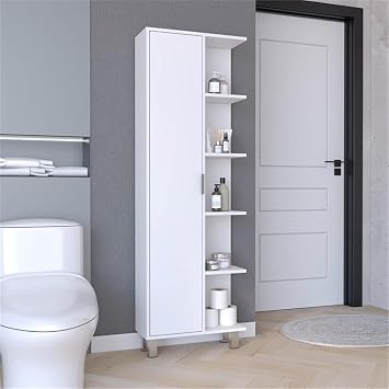 Tuhome Crovie Tall Linen Cabinet for Bathroom Storage, 62.9-Inch White Linen Tower with Door and 9 Shelves, Slim Vertical Linen Closet Organizer for Towels and Toiletries