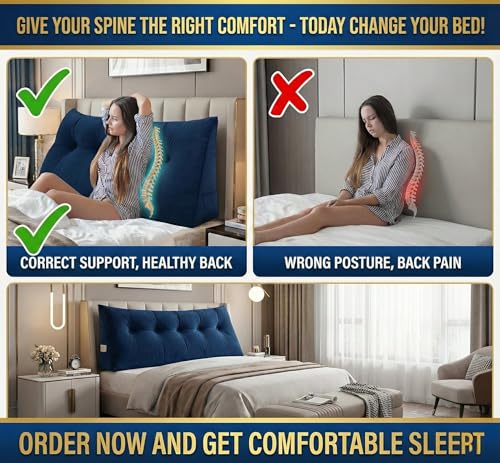 Image of Luxury Velvet Tufted Wedge Pillow with Side Pocket - Soft Headboard Back Support Cushion for Bed, Sofa & Floor Seating - Blue Color