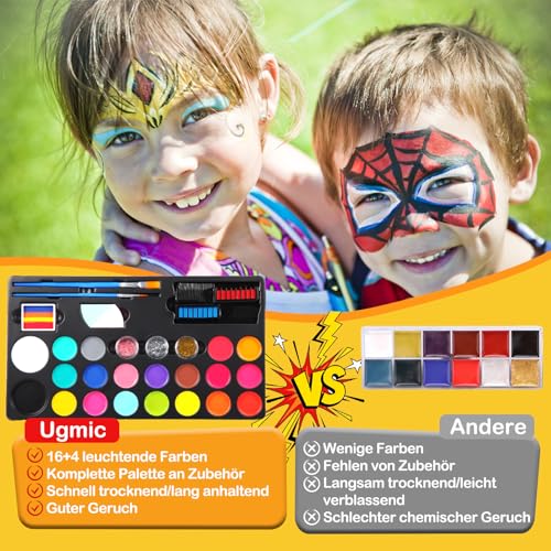 Ugmic Kinderschminke Set, 20 Farben Wasserbasis,38Pcs Ungiftige Kinderschminke,Haarkreiden Pinsel Körperfarben Kinderschminke Set Mädchen für Halloween Karneval Make-up Face Paint
