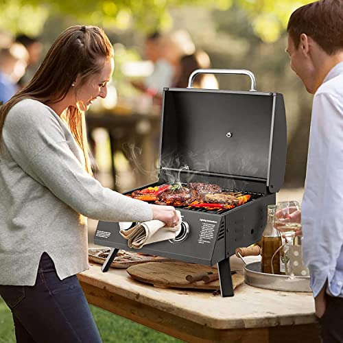 Yarro Portable Gas Grill, 20,000 Btu Tabletop Barbecue Grill With 2 Burners, Dual Temperature Control, Folding Legs, Built-In Thermometer, Propane Gas Grill For Rv Backyard Bbq Camping Patio, Black #TOP1